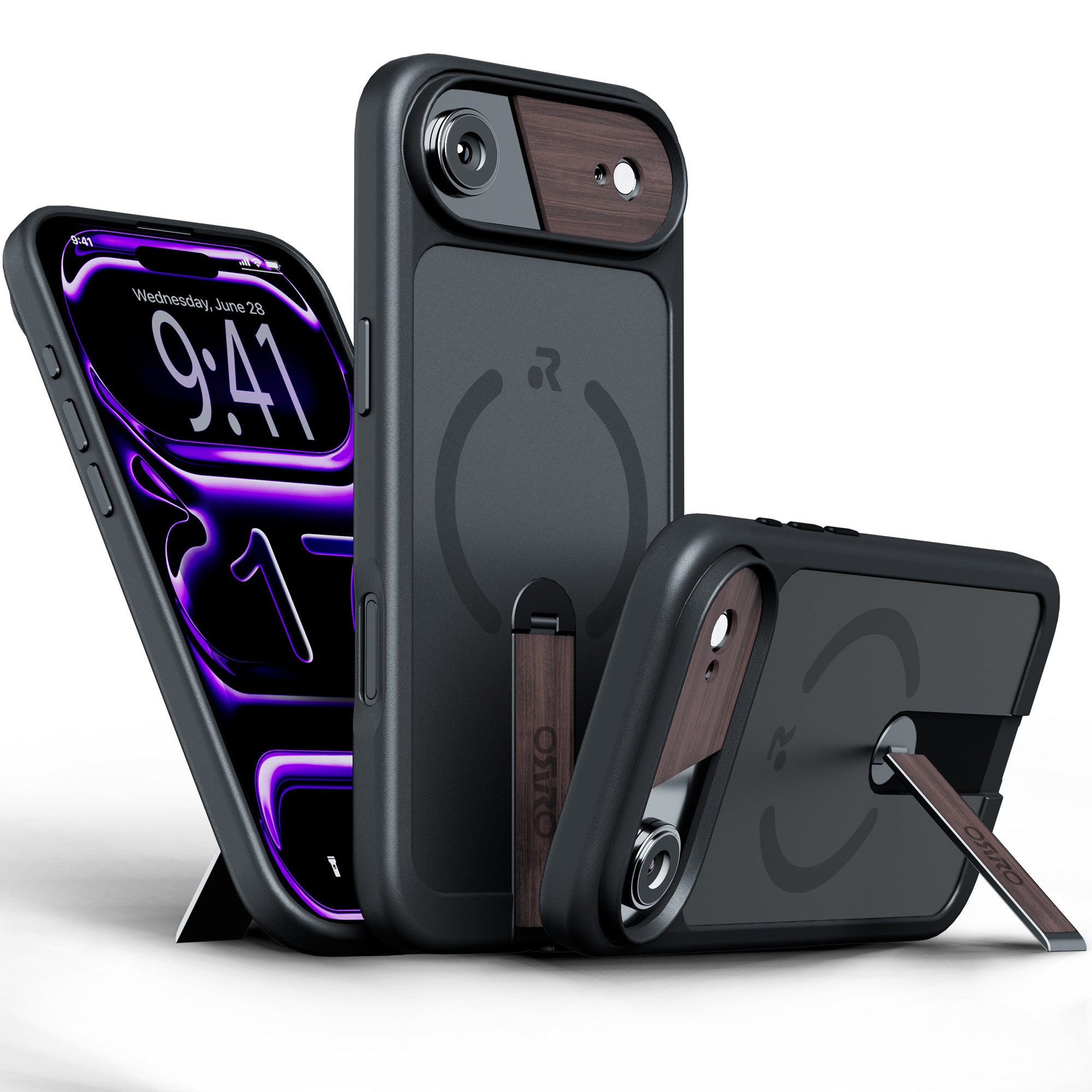 ORRO iPhone 17 Series Case - 360 Kickstand Dark Wood Finish