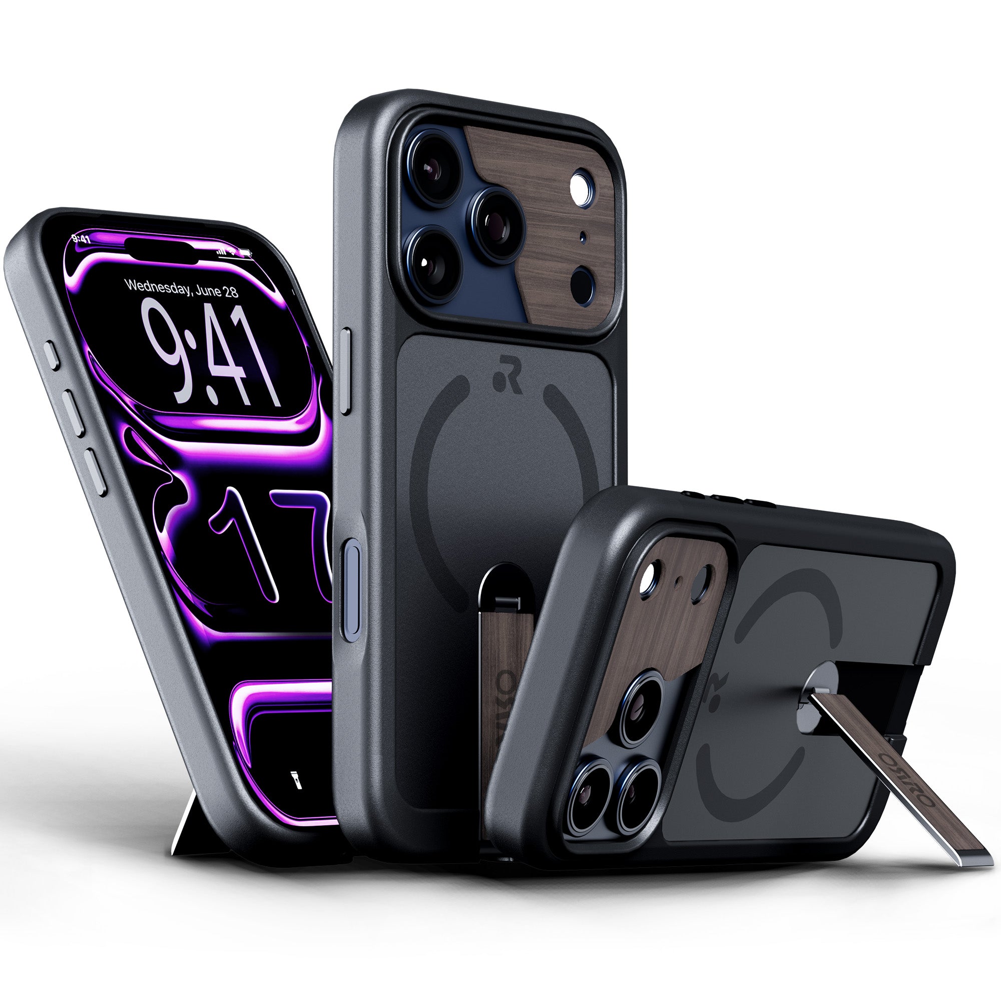 ORRO iPhone 17 Series Case - 360 Kickstand Dark Wood Finish
