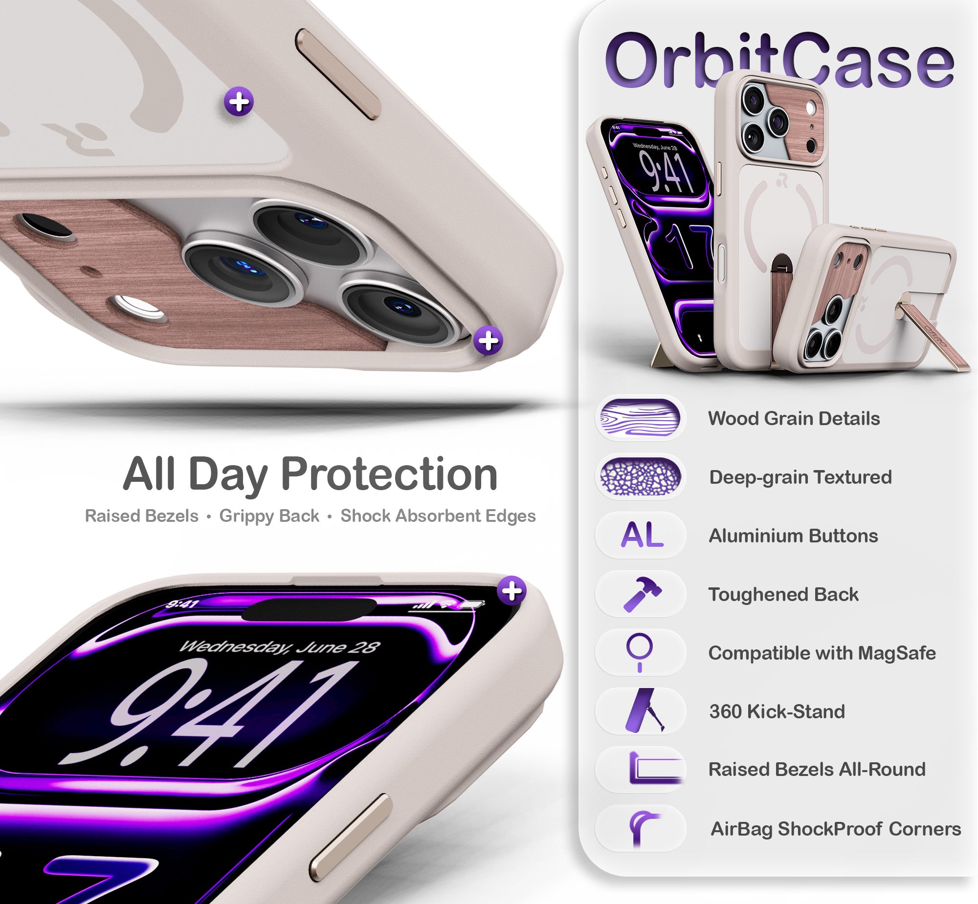 ORRO iPhone 17 Series Case - 360 Kickstand Light Wood Finish