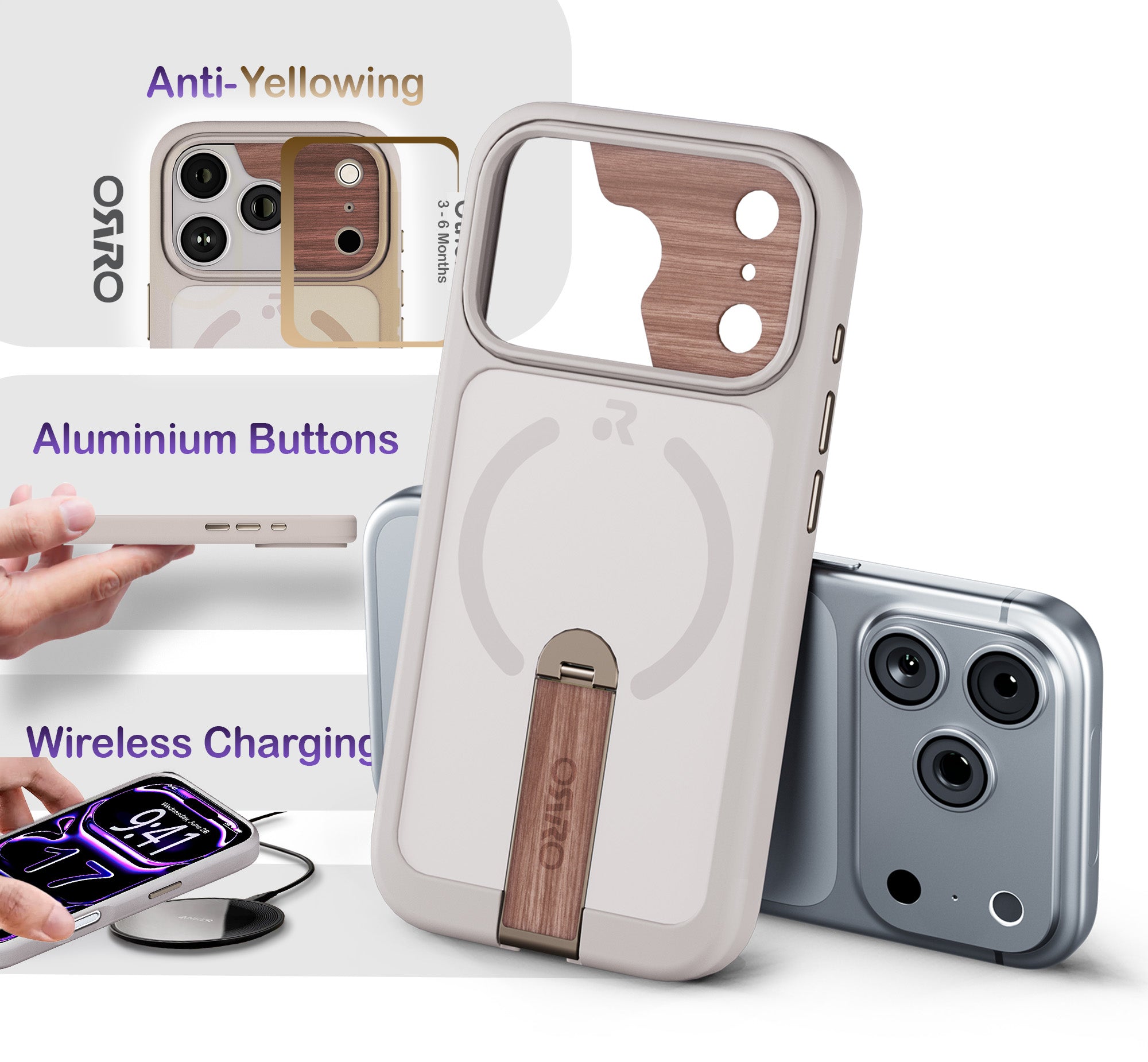 ORRO iPhone 17 Series Case - 360 Kickstand Light Wood Finish