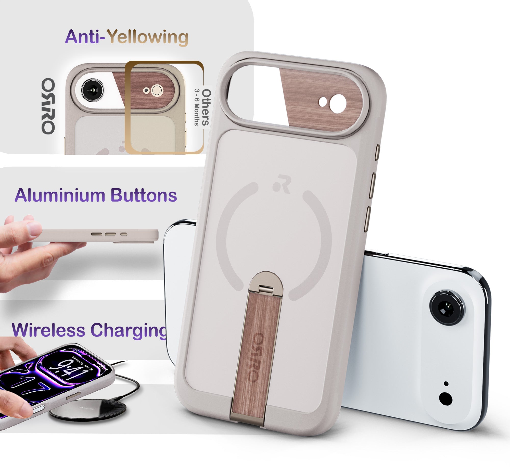 ORRO iPhone 17 Series Case - 360 Kickstand Light Wood Finish
