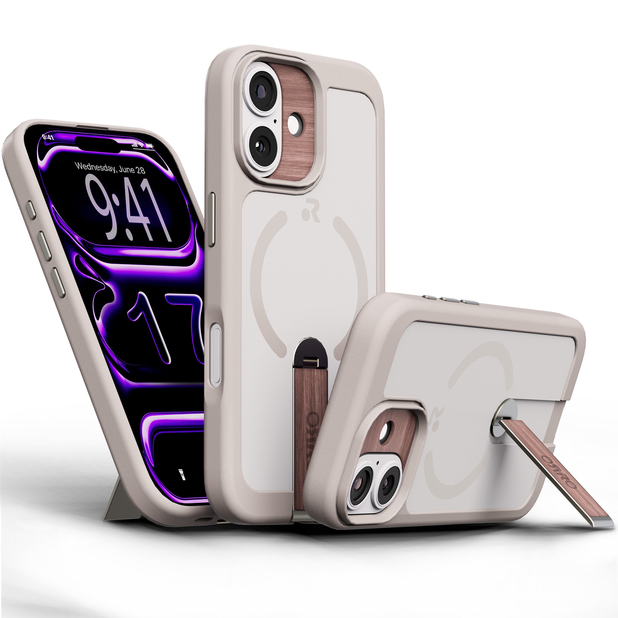 ORRO iPhone 17 Series Case - 360 Kickstand Light Wood Finish