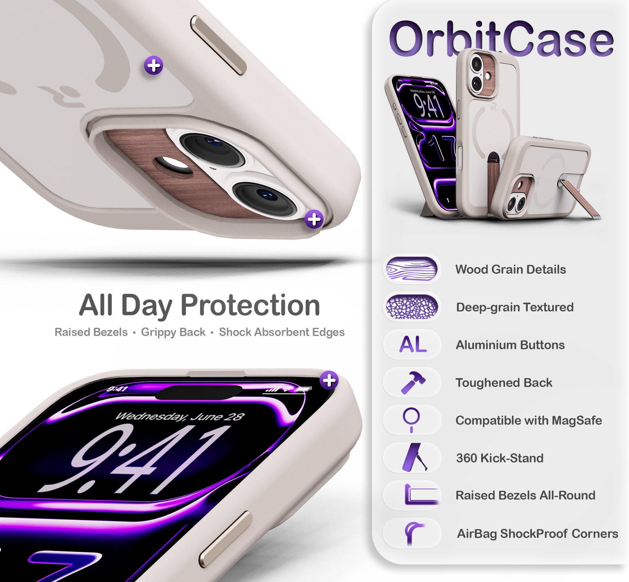 ORRO iPhone 17 Series Case - 360 Kickstand Light Wood Finish