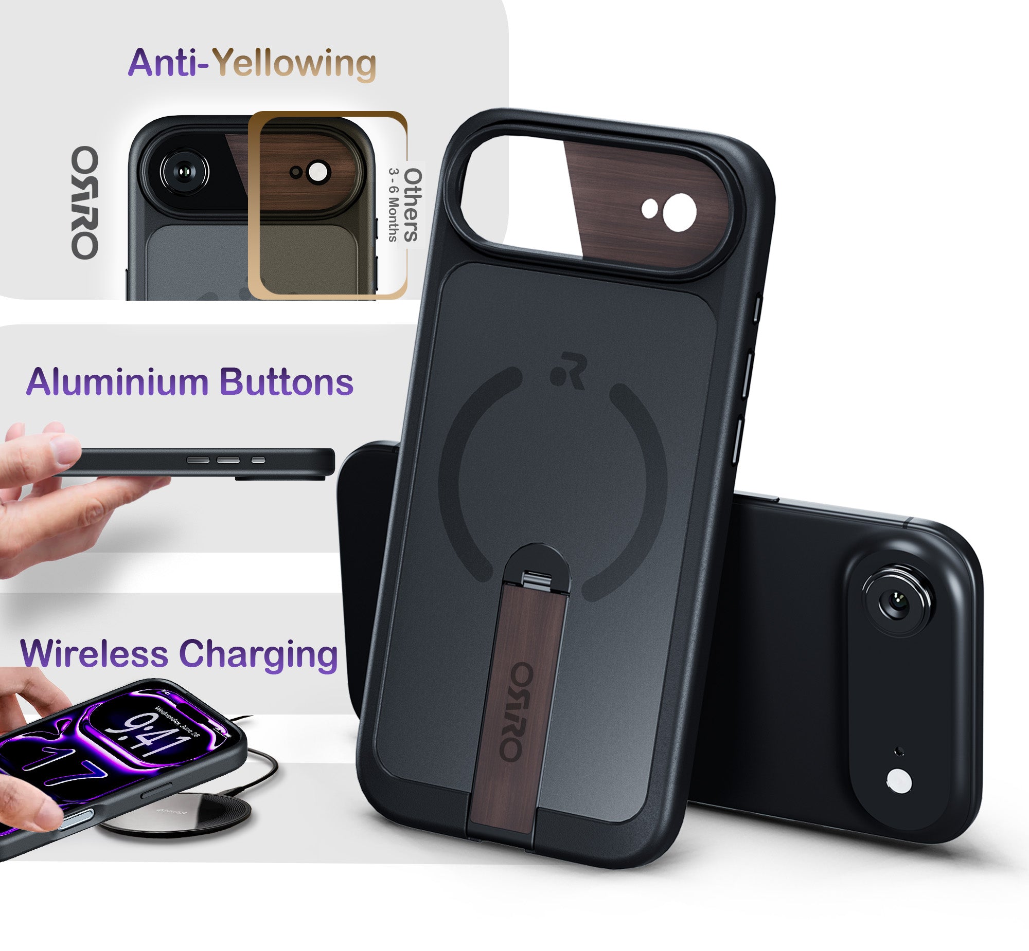 ORRO iPhone 17 Series Case - 360 Kickstand Dark Wood Finish