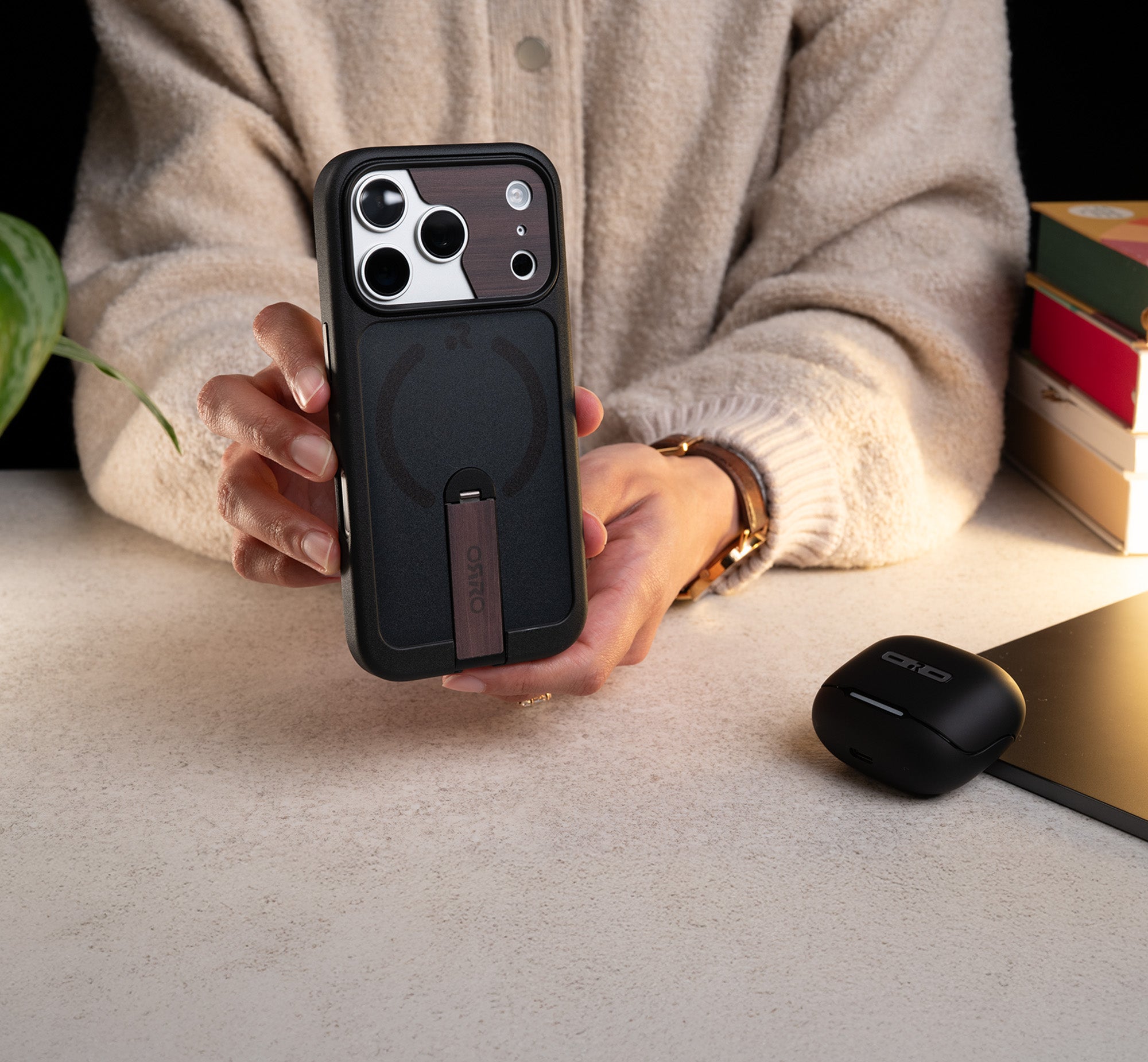 ORRO iPhone 17 Series Case - 360 Kickstand Dark Wood Finish